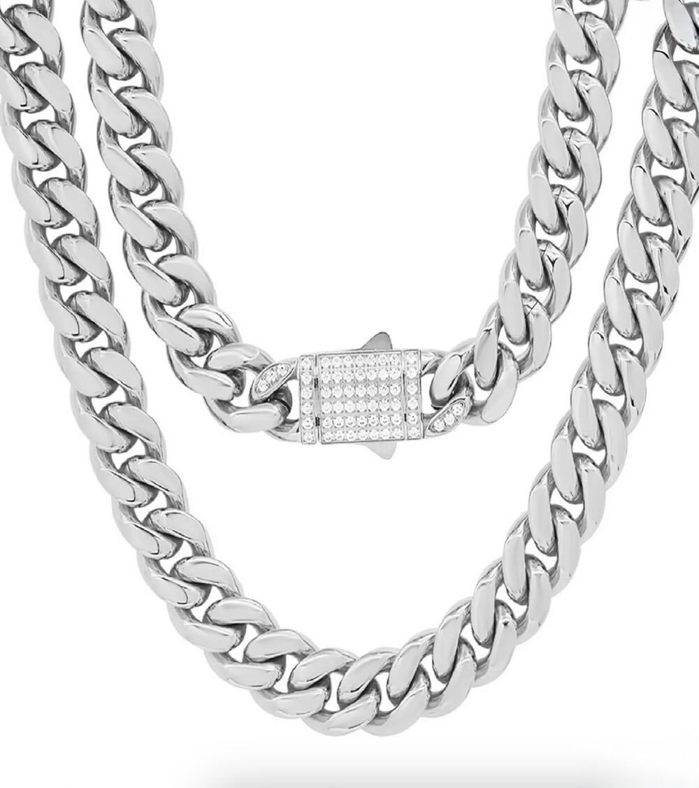 STEELTIME Thick Cuban Link Chain with Simulated Diamonds Clasp Necklace NWT